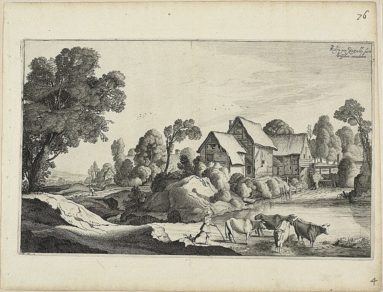 Stado bydła w bród w pobliżu młyna wodnego autorstwa Jan van de Velde II