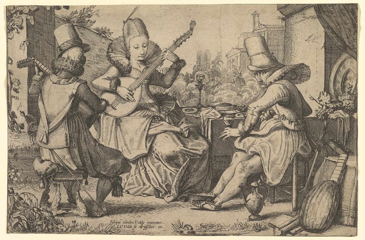 Dwóch elegancko ubranych mężczyzn i kobieta w ogrodzie, 1613-41. autorstwa Jan van de Velde II