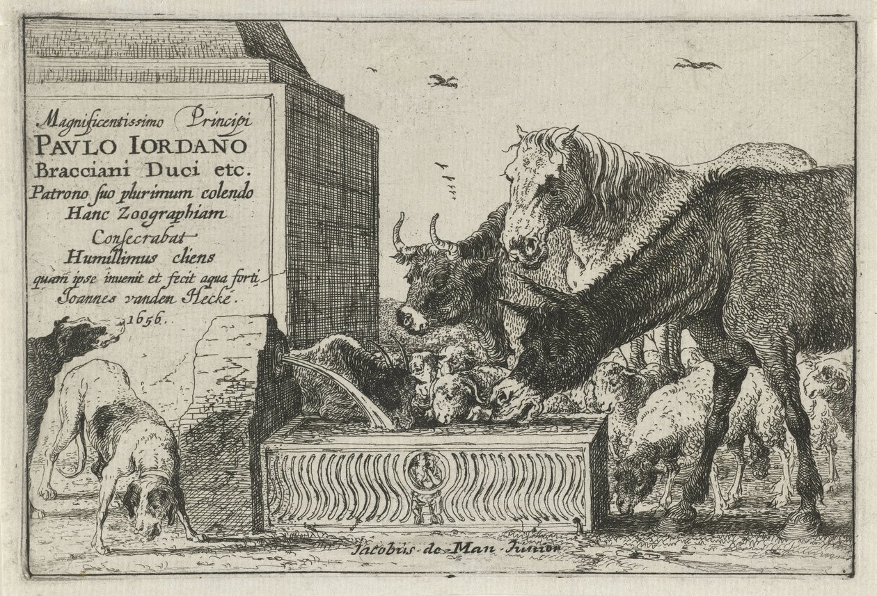 Zwierzęta przy fontannie Druk tytułowy serii rycin przedstawiających zwierzęta Zwierzęta (tytuł serii) Zoographiam (tytuł serii na obiekcie) autorstwa Jan van den Hecke