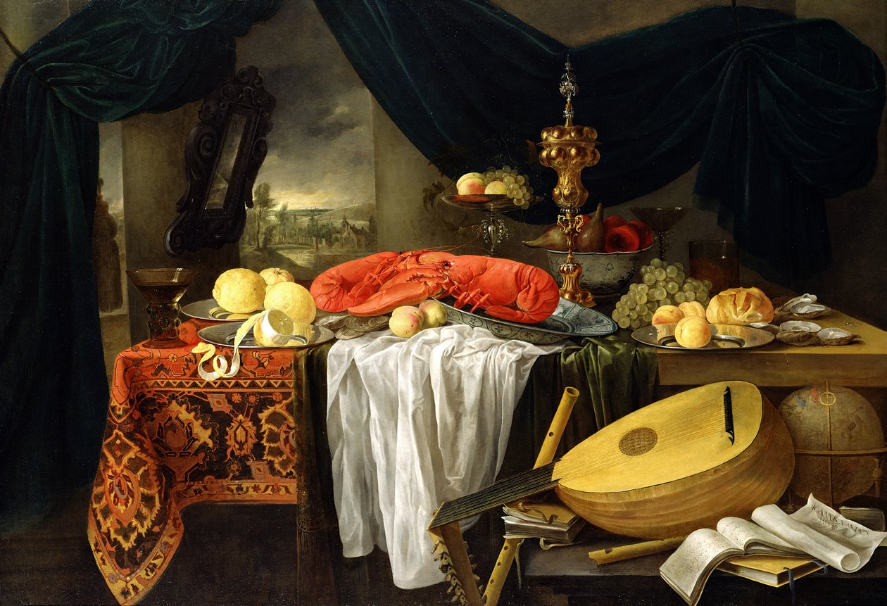 Martwa natura z homarem, cytrynami i lutnią, 1645 autorstwa Jan van den Hecke
