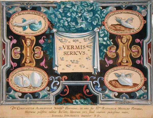 Frontyspis do „Vermis Sericus” (Jedwabnik) grawerowany przez Theodora Galle (1571-1633) (grafika) autorstwa Jan van der Straet
