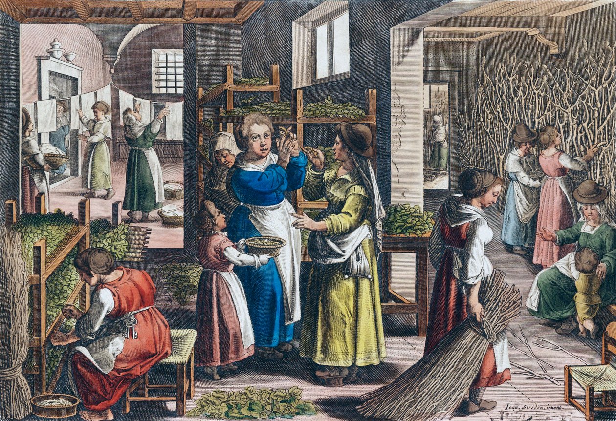 Produkcja jedwabiu w Europie w XVI wieku (druk) autorstwa Jan van der (1523 1605) (after) Straet