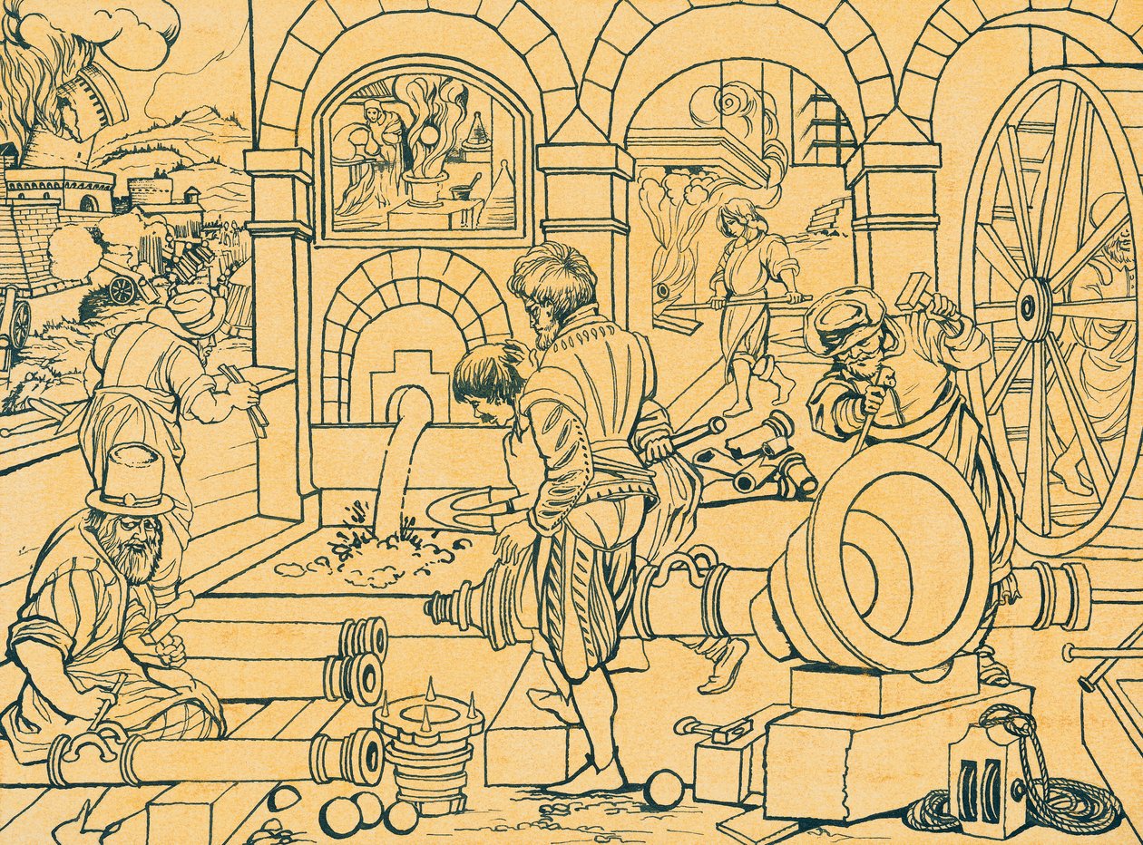 Odlewnia armat, rysunek z Nova Reperta autorstwa Jan van der (1523 1605) Straet