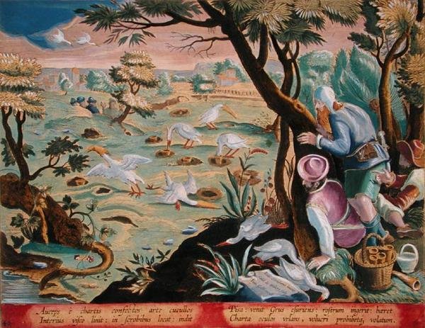 Ptaszniki wykorzystujące system dołów z przynętami do chwytania żurawi za dzioby, tablica 40 „Venationes Ferarum, Avium, Piscium” (Of Hunting: Wild Beasts, Birds, Fish) wyryta przez Jana Collaerta (1566-1628) wydana przez Phillipus Gallaeus z Amsterdamu (r autorstwa Jan van der Straet