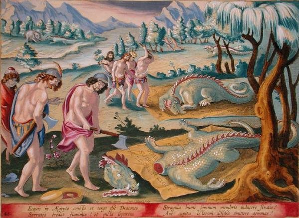 Decapitating Crocodiles, płyta 46 z „Venationes Ferarum, Avium, Piscium” (O polowaniach: dzikie zwierzęta, ptaki, ryby) ryt. Jan Collaert (1566-1628) opublikowane przez Phillipus Gallaeus z Amsterdamu (ryt ręcznie kolorowany) autorstwa Jan van der (1523 1605) (after) Straet