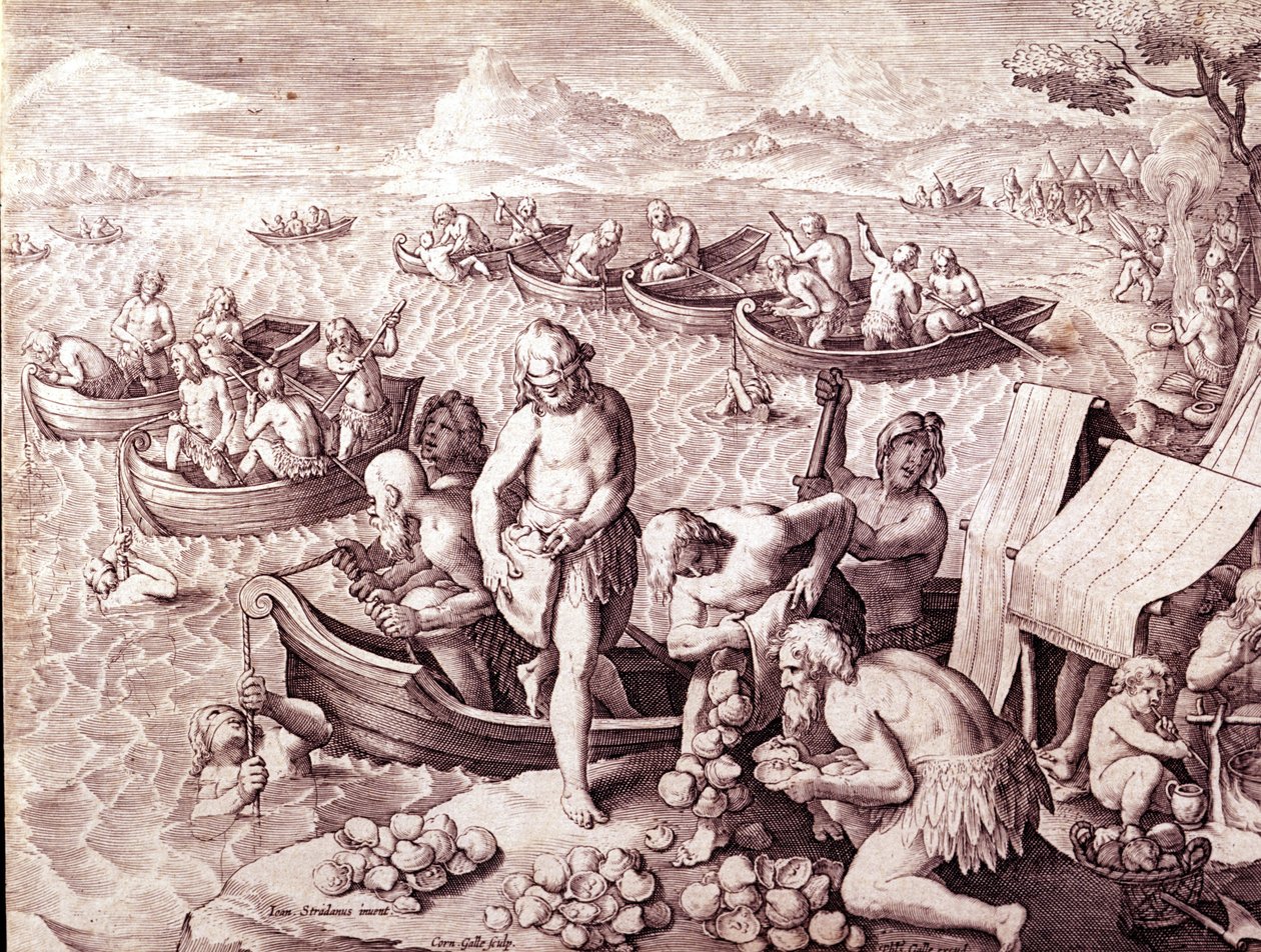 Połów ostryg. XVII wiek. Grawerowanie autorstwa Giovanniego Stradano (Jan Van Der Straet) (Johannes Stradanus) (1523-1605). autorstwa Jan van der Straet