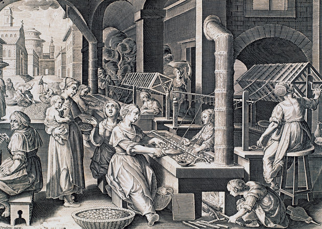Vermis sericus, kobiety przędzące jedwab i podgrzewające jedwabniki w ogniu, rycina Stradanusa (1523-1605), Włochy autorstwa Jan van der Straet