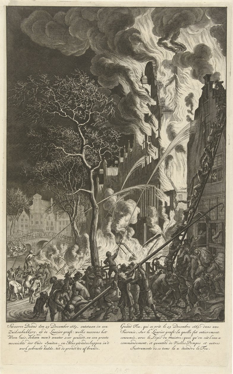 Pożar na Lauriergracht w Amsterdamie, 1669 Ciężki pożar 29 grudnia 1669 r. powstał w cukierni na grafcie Lauriera (…) / Grand feu, qui se prit le 29 grudnia 1669. dans une sucrerie, sur le Laurier graft (…) (tytuł na obiekcie) autorstwa Jan van der Heyden (attributed to)
