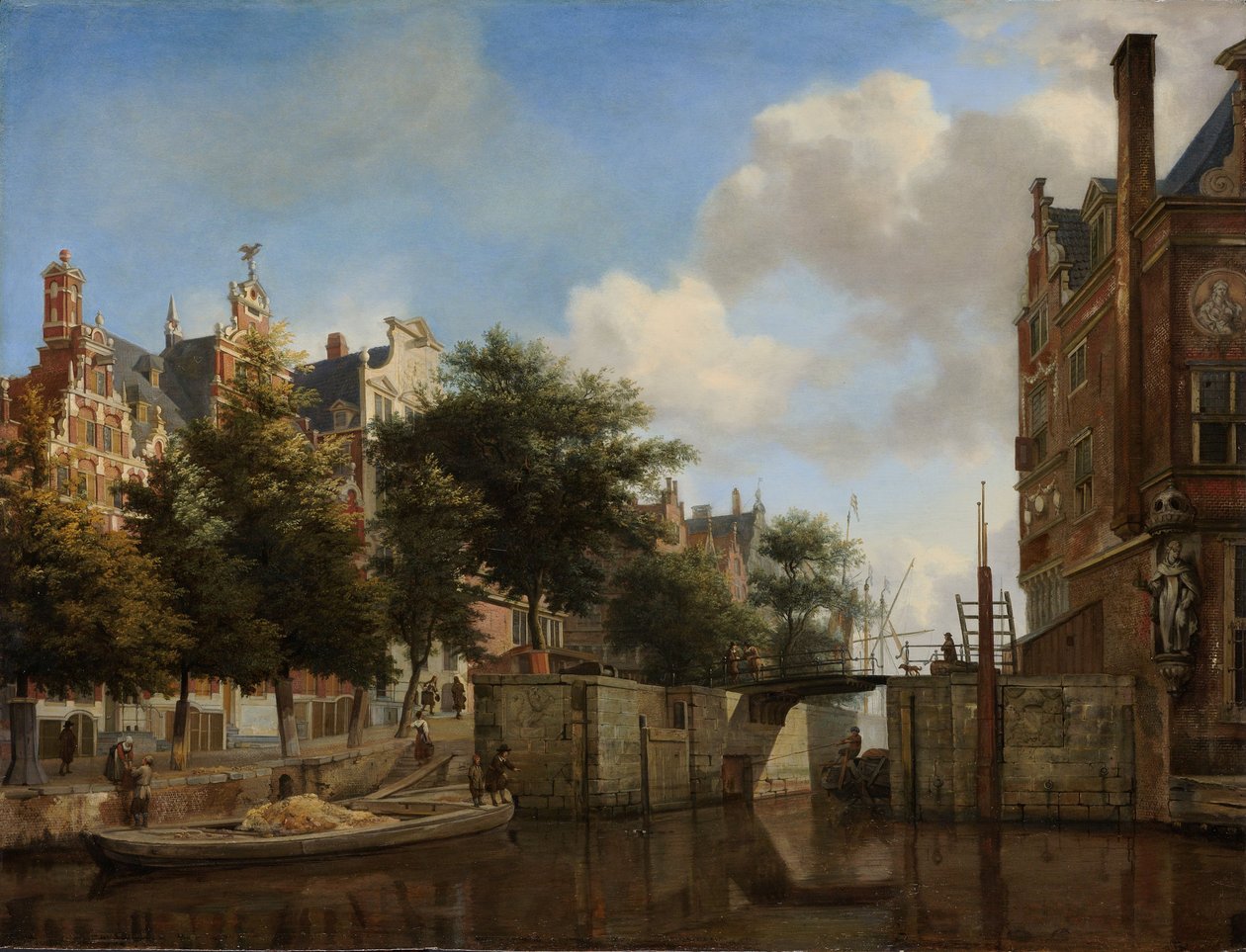 Amsterdam City View z domami na Herengracht i starym Haarlemmersluis, ok. 1670 autorstwa Jan van der Heyden