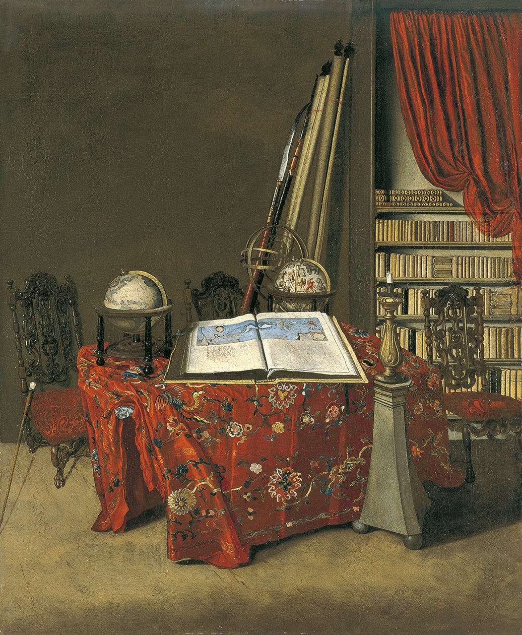 Niderlandzki: Wnętrze gabinetu z otwartym atlasem i dwoma globusami Narożnik biblioteki autorstwa Jan van der Heyden