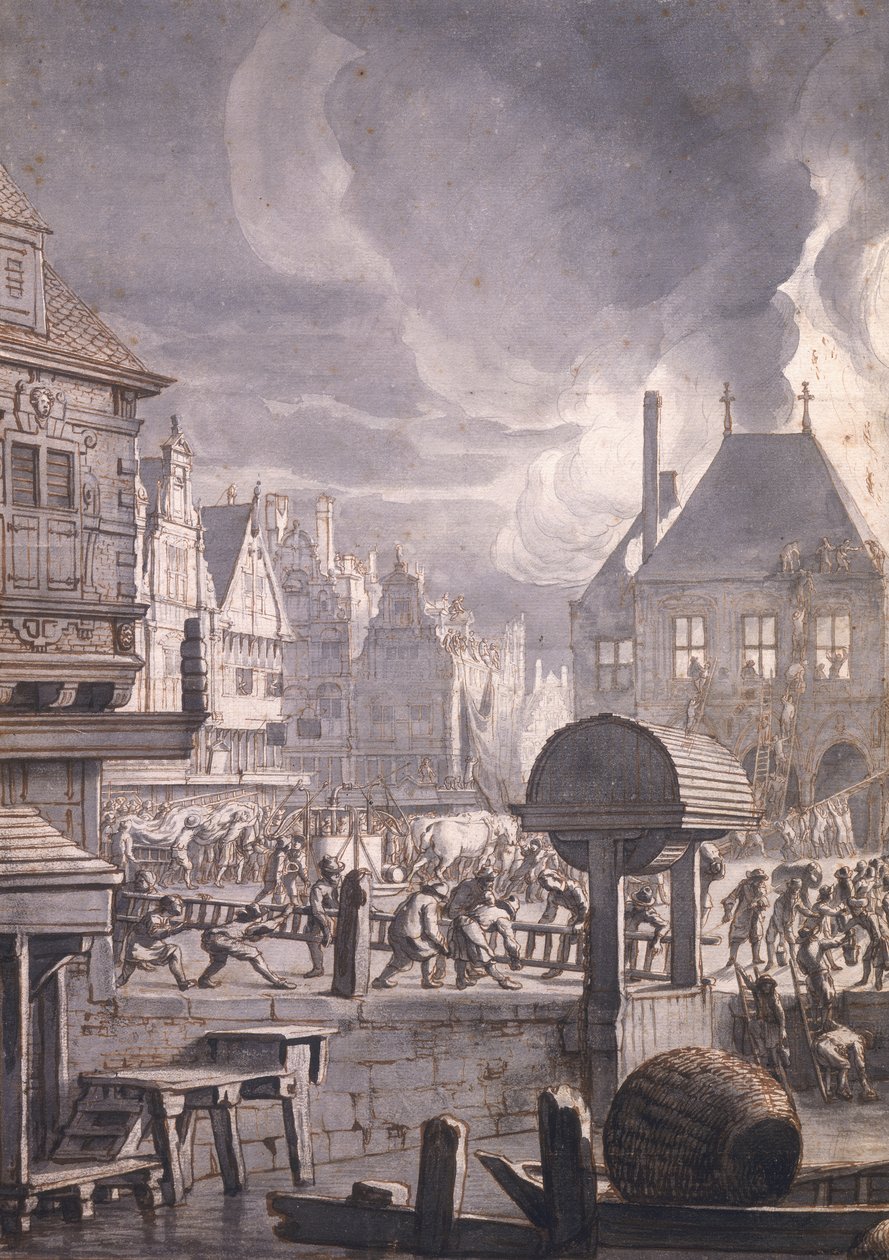 Pożar Ratusza Staromiejskiego w Amsterdamie, 17 lipca 1652 (pióro i atrament i toaleta na papierze) autorstwa Jan van der Heyden