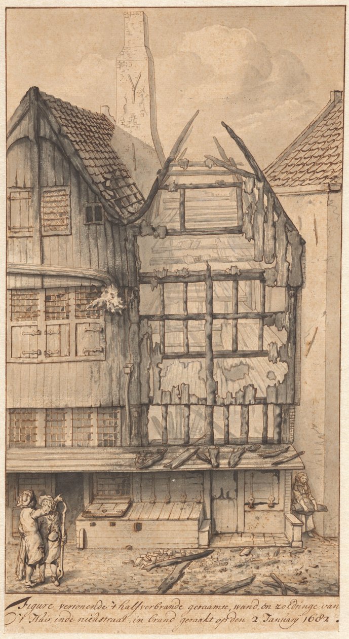 Dwa spalone domy przy Oude Nieuwstraat, 1682 autorstwa Jan van der Heyden