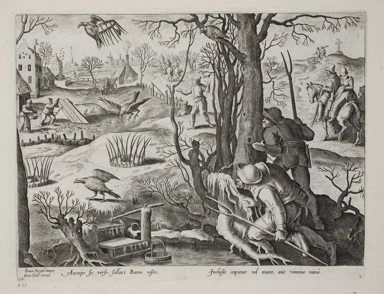 Ptaszniki używające pułapek przynęty na szczury do chwytania jastrzębi, płyta 64, ilustracja z „Venationes, Ferarum, Avium, Piscium” (O polowaniu: dzikie zwierzęta, ptaki, ryby), ryt. Jan Collaert (1566-162 autorstwa Jan van der Straet