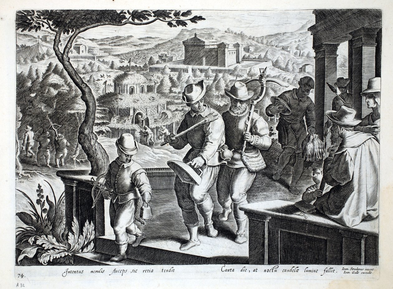 Ptaszniki wychodzące po kosy, ilustracja z „Venationes, Ferarum, Avium, Piscium” (O polowaniu: dzikie zwierzęta, ptaki, ryby), ryt. Jan Collaert (1566-1628), wyd. przez Phillipusa Gall autorstwa Jan van der Straet