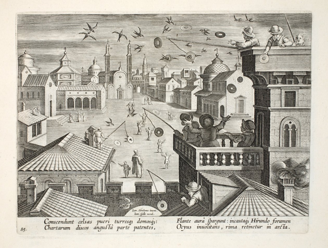 Uchwycenie jaskółek za pomocą lustrzanych dysków z otworami, płyta 77, ilustracja z „Venationes, Ferarum, Avium, Piscium” (O polowaniu: dzikie zwierzęta, ptaki, ryby), ryt. Jan Collaert (1566-1628), wyd. autorstwa Jan van der Straet