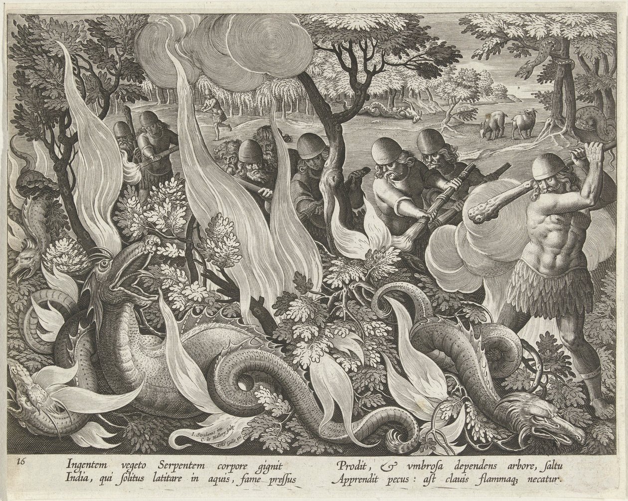 Łapanie węży w Indiach za pomocą maczug i pochodni do rozświetlania zarośli, wyd. 1640 grawerowanie. autorstwa Jan van der Straet