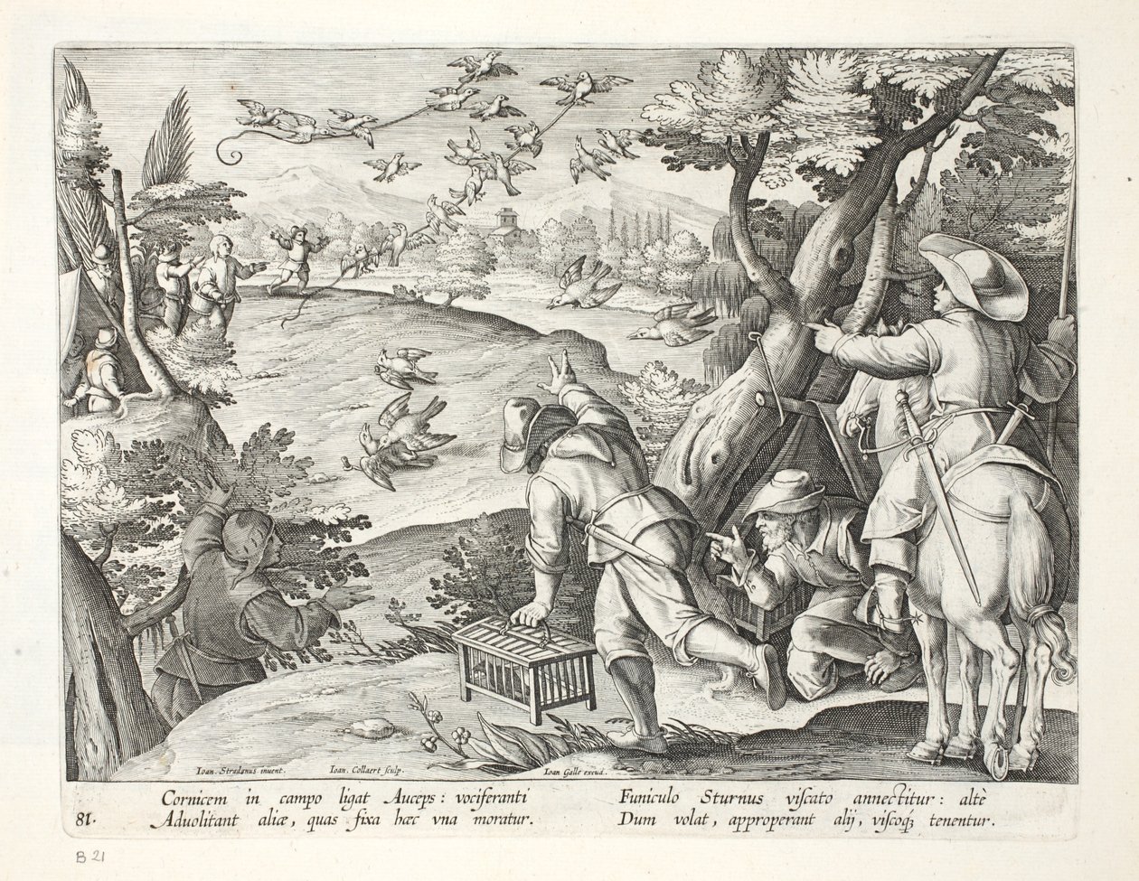 Puchacze łapiące wrony, ilustracja z "Venationes, Ferarum, Avium, Piscium" (O polowaniu: dzikie zwierzęta, ptaki, ryby), rycina Jana Collaerta (1566-1628), wydana przez Phillipusa Gallaeusa, Amsterdam (eng. autorstwa Jan van der Straet