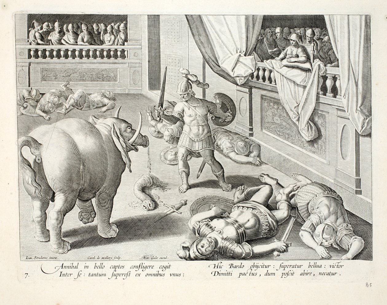 Hannibal każe walczyć pokonanym Rzymianom, ilustracja z „Venationes, Ferarum, Avium, Piscium” (O polowaniu: Dzikie zwierzęta, ptaki, ryby), sztychowana przez Jana Collaerta (1566-1628), wyd. przez Phillipusa autorstwa Jan van der Straet