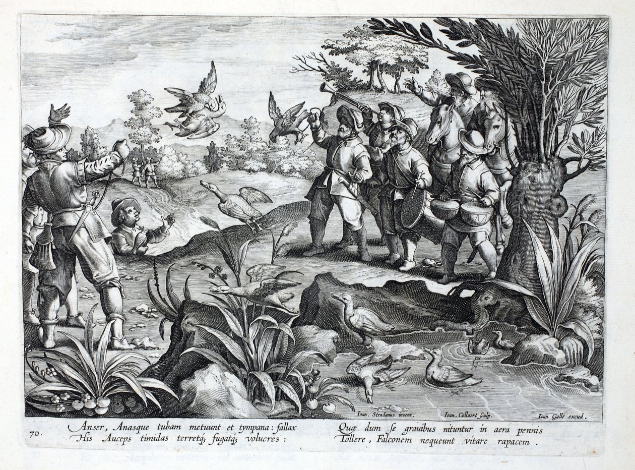 Myśliwi wykorzystujący sokoły do polowania na gęsi, ilustracja z „Venationes, Ferarum, Avium, Piscium” (O polowaniach: dzikie zwierzęta, ptaki, ryby), ryt. Jan Collaert (1566-1628), wyd. przez Phillipusa Gallaeusa, A autorstwa Jan van der Straet