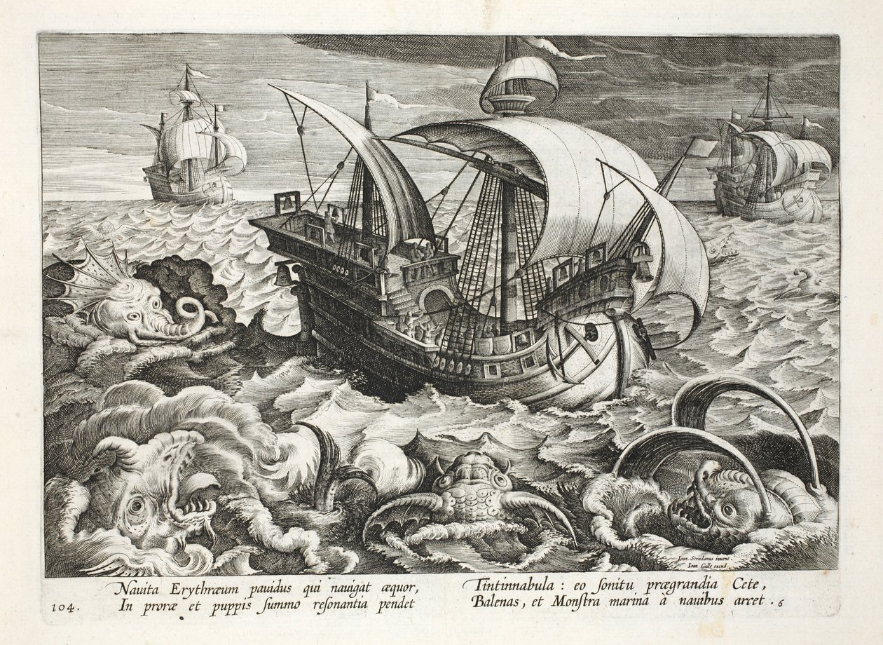 Polowanie na stworzenia morskie, tablica 84, ilustracja z „Venationes, Ferarum, Avium, Piscium” (Polowanie: dzikie zwierzęta, ptaki, ryby), sztych. Jan Collaert (1566-1628), wyd. przez Phillipusa Gallaeusa, Amste autorstwa Jan van der Straet