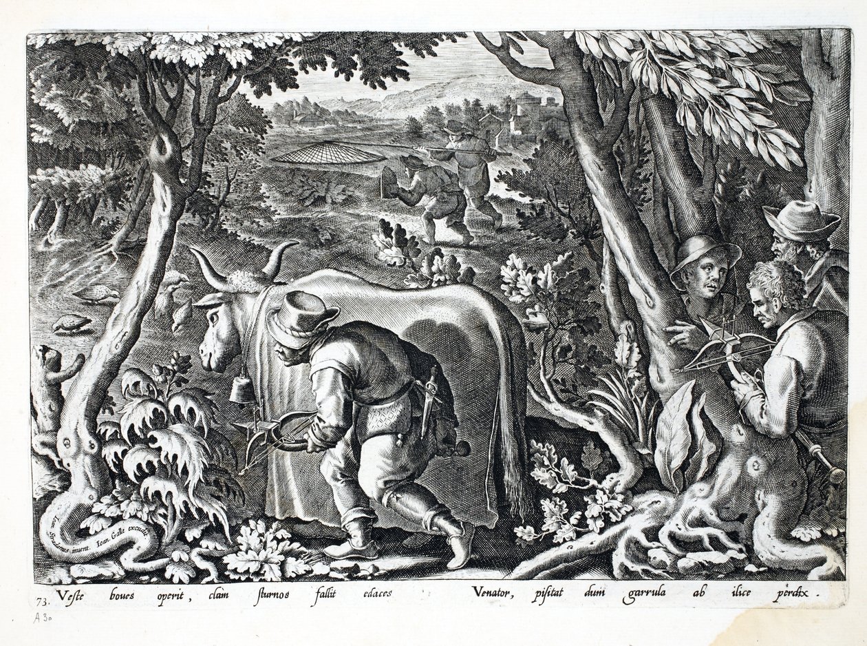 Polowanie na szpaki i kuropatwy, ilustracja z „Venationes, Ferarum, Avium, Piscium” (O polowaniach: dzikie zwierzęta, ptaki, ryby), sztych. Jan Collaert (1566-1628), wyd. przez Phillipusa Gallaeusa, A autorstwa Jan van der Straet
