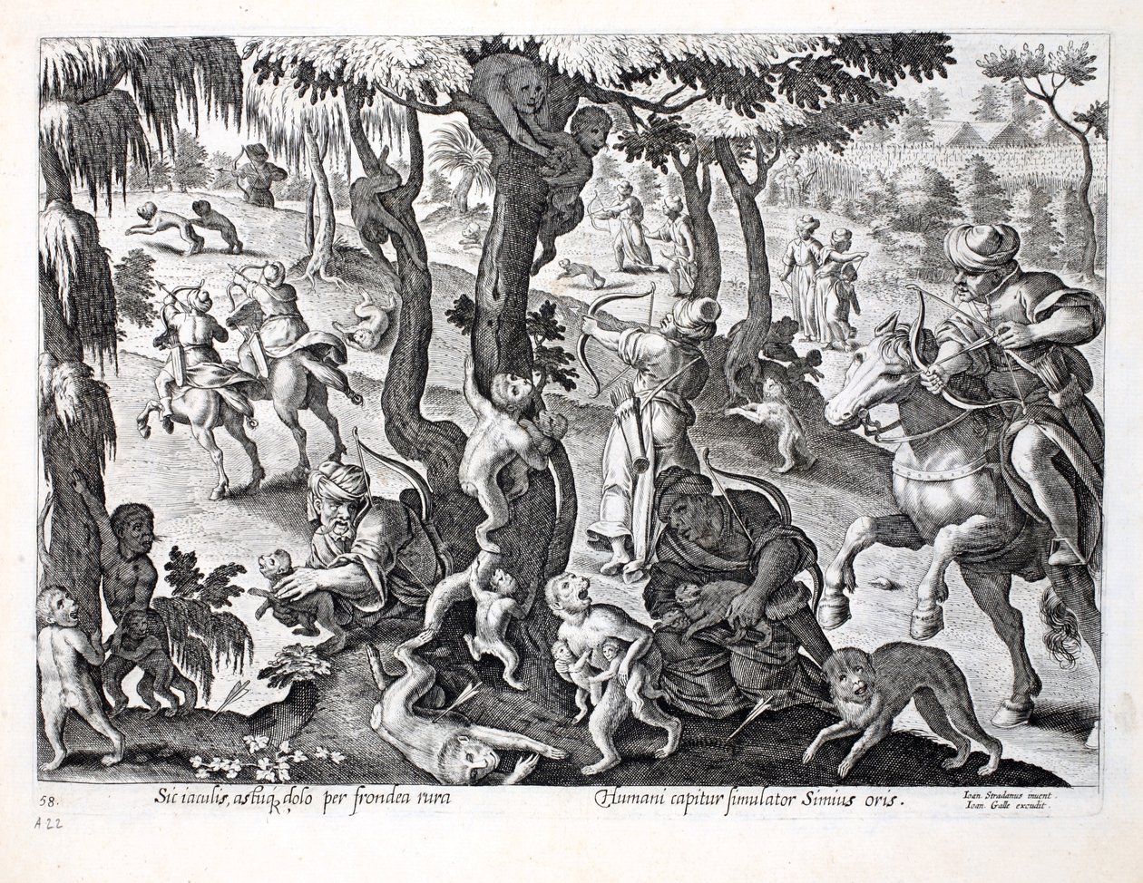 Polowanie na małpy na wsi, ilustracja z „Venationes, Ferarum, Avium, Piscium” (O polowaniu: dzikie zwierzęta, ptaki, ryby), sztych. Jan Collaert (1566-1628), wyd. przez Phillipusa Gallaeusa, Am autorstwa Jan van der Straet