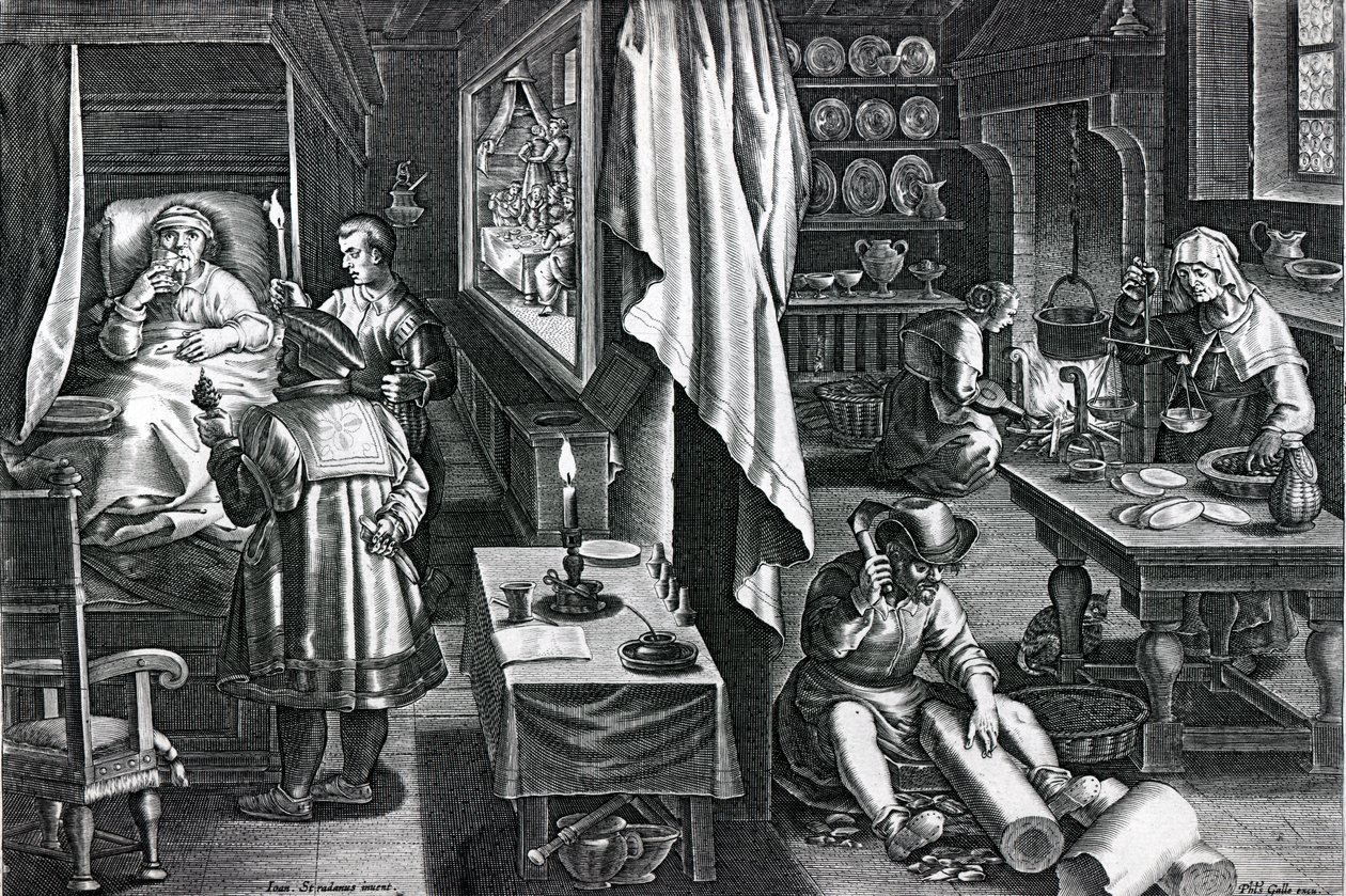 Hyacum et lues venerea, tablica 6 z "Nova Reperta", wyryta przez Philipa Galle, ok. 1580-1605 (rycina) autorstwa Jan van der Straet
