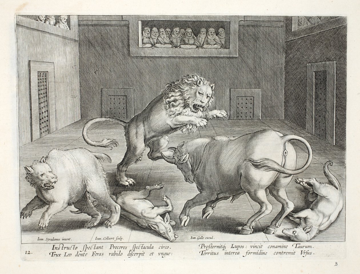 Szlachcice oglądają walkę dzikich bestii w cyrku pod dachem, ilustracja z „Venationes, Ferarum, Avium, Piscium” (O polowaniu: dzikie zwierzęta, ptaki, ryby), sztychowana przez Jana Collaerta (1566-1628), wyd. za pomocą autorstwa Jan van der Straet