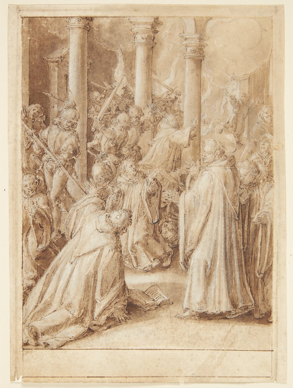 Historia S. Giovanniego Albertiego Fiorentino. Żołnierze wysłani przez biskupa Florencji atakują klasztor, w którym według nich przebywa Giovanni Alberti(?) autorstwa Jan van der Straet