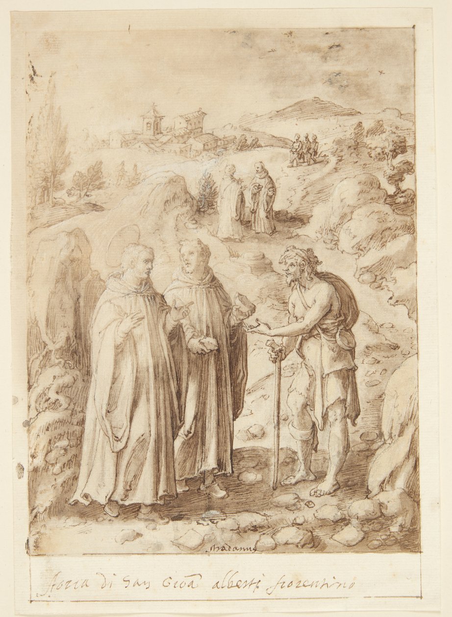 Historia S. Giovanniego Albertiego Fiorentino. Święty i towarzyszący mu mnich dają żebrakowi swój ostatni chleb autorstwa Jan van der Straet