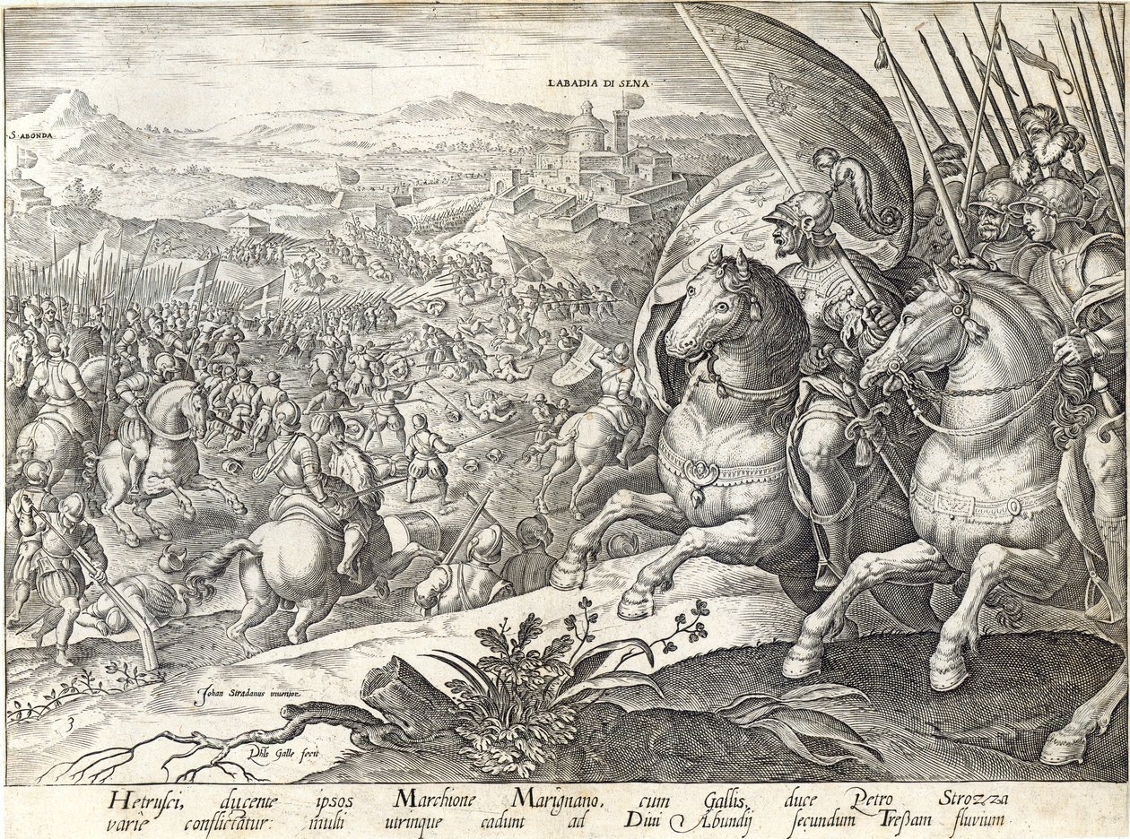 Bitwa pod Labadia si Sena i St. Abonda, tablica 3 z „Historii Medyceuszy”, sztychowana przez Philipa Galle (1537-1612), ok. 1583 autorstwa Jan van der Straet