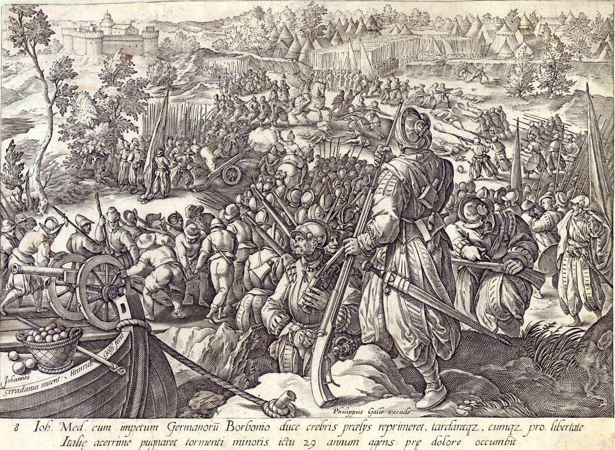Śmierć Giovanniego Medyceuszy w bitwie, tablica 8 z „Historii Medyceuszy”, sztychowana przez Hendricka Goltziusa (1558-1617), ok. 1583 autorstwa Jan van der Straet