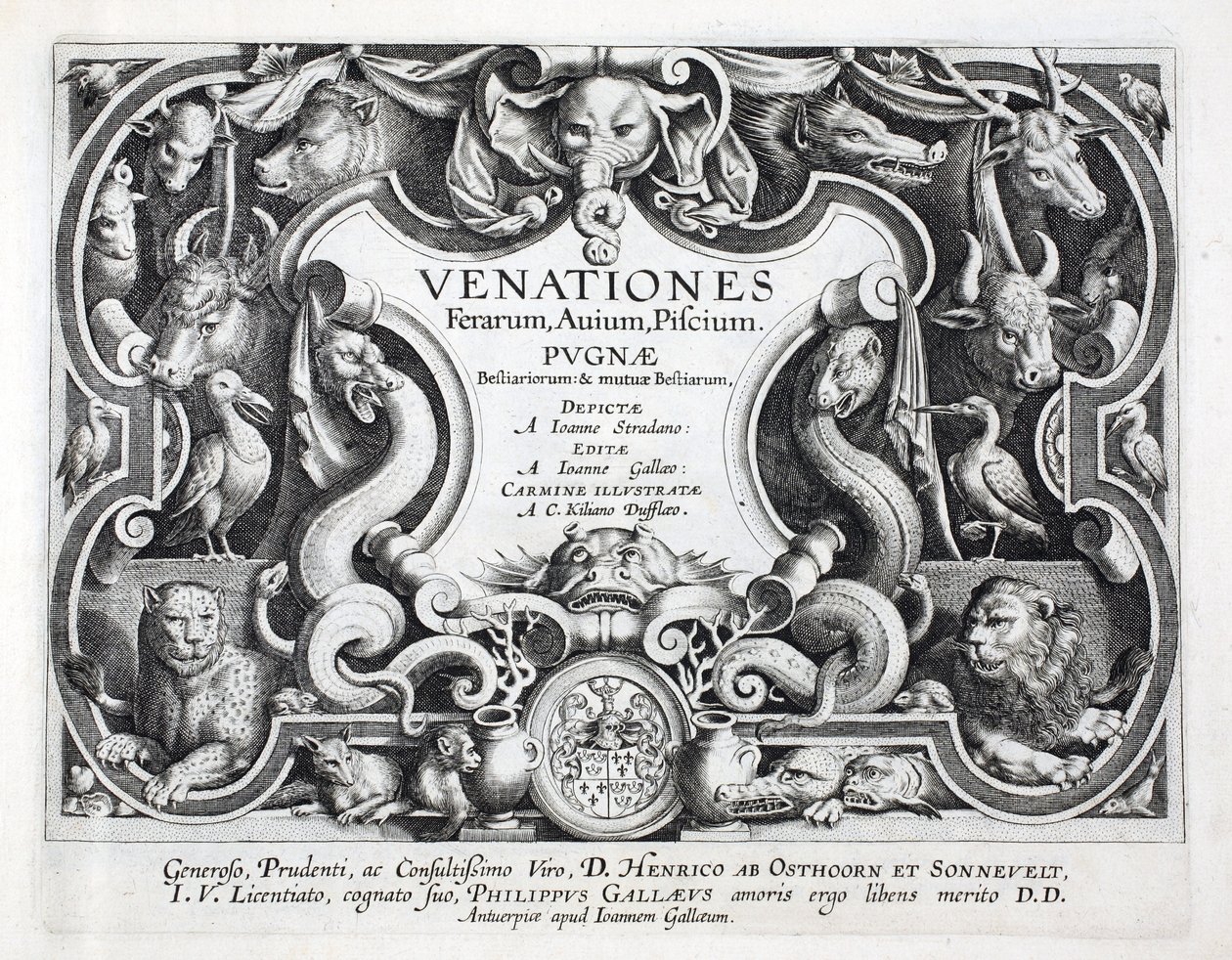 Strona tytułowa „Venationes, Ferarum, Avium, Piscium” (O myślistwie: Dzikie zwierzęta, ptaki, ryby), ryt. Jan Collaert (1566-1628), wyd. autorstwa Phillipusa Gallaeusa, Amsterdam autorstwa Jan van der Straet
