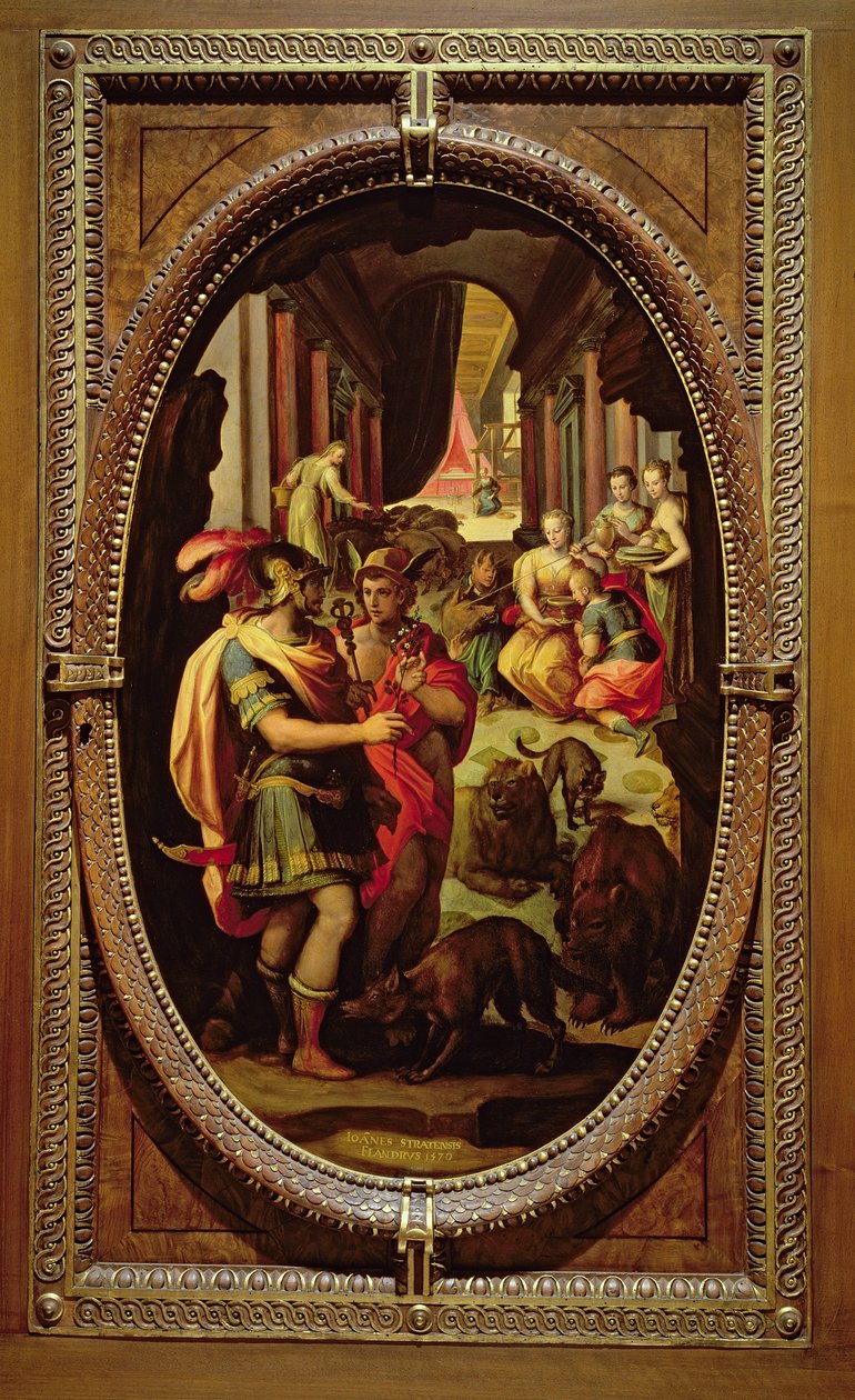 Ulisses, Merkury i Kirke, 1570 (olej na łupku) autorstwa Jan van der Straet