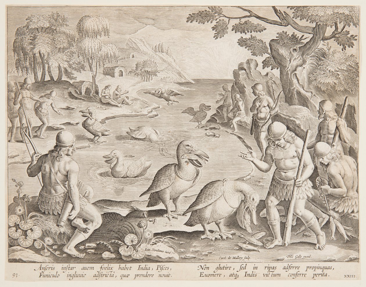 Indianie łowiący ryby z pomocą pelikanów, płyta 23 z serii Game of Game, Birds and Fish autorstwa Jan van der Straet, called Stradanus