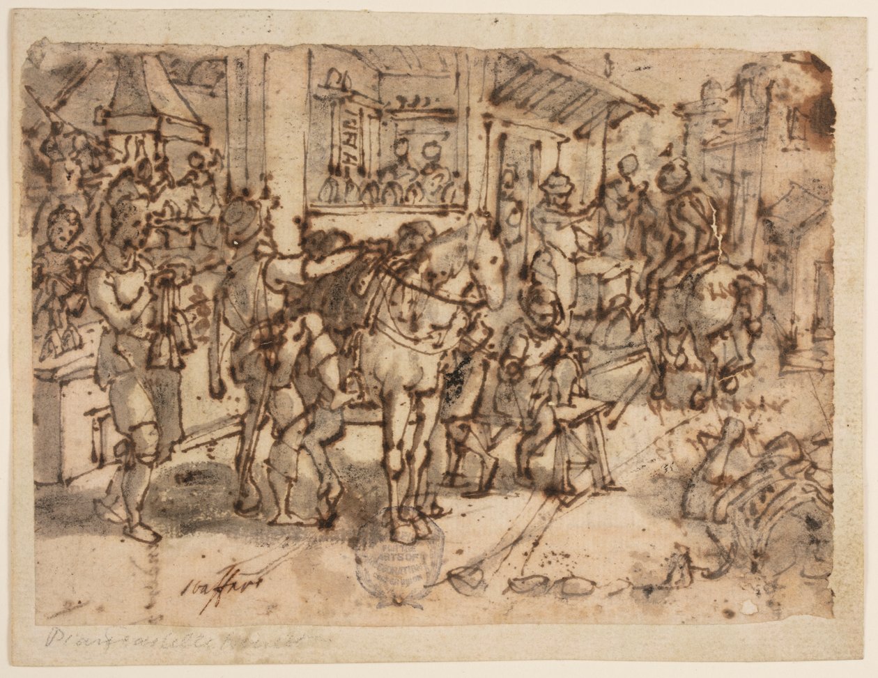 Wynalezienie strzemienia, projekt do „Staphae, sive stapedes”, pl. 9 w serii druków Nova Reperta (Nowe wynalazki współczesności) autorstwa Jan van der Straet, called Stradanus