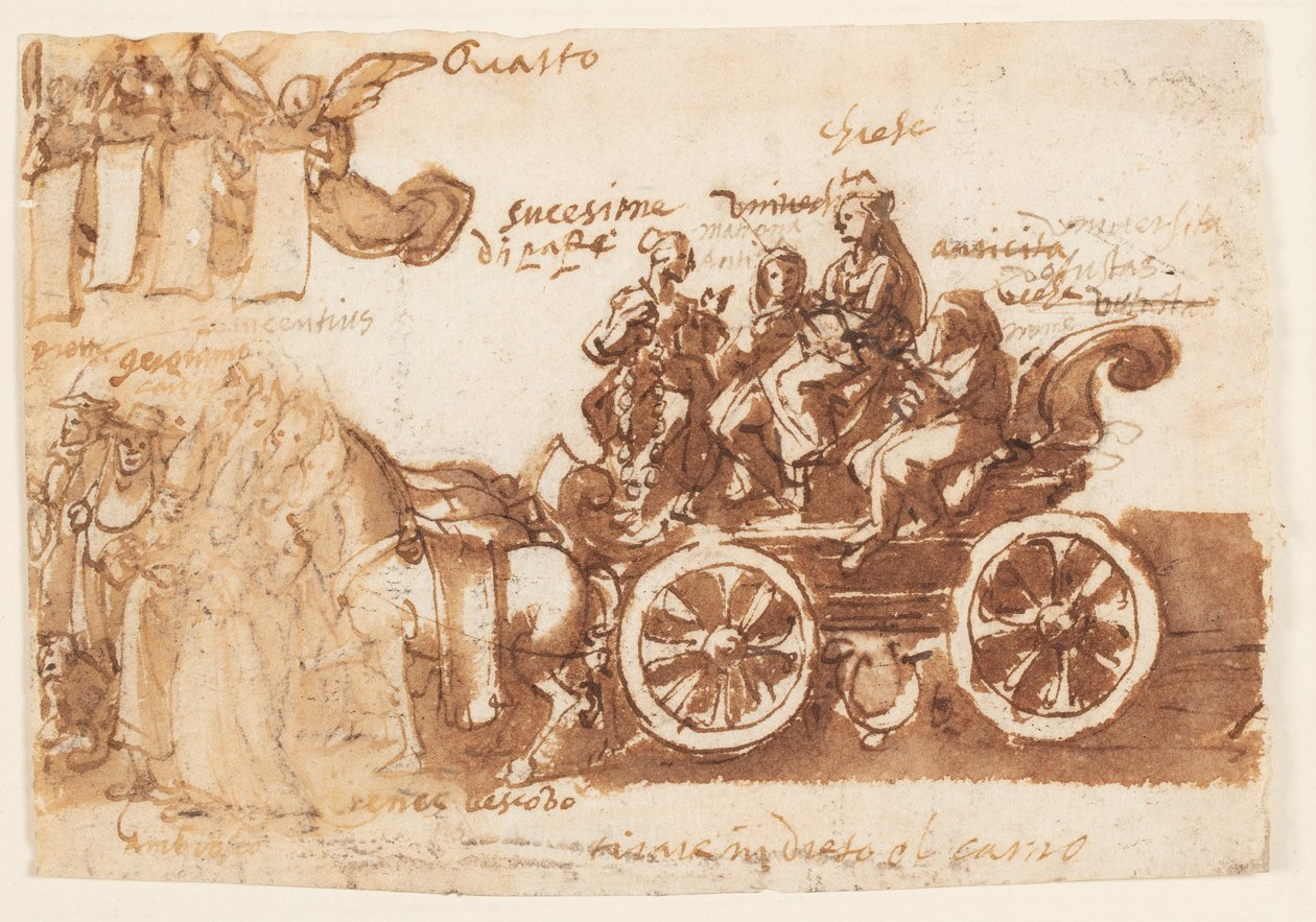 Strona szkicownika; Rydwan i trzy konie autorstwa Jan van der Straet, called Stradanus