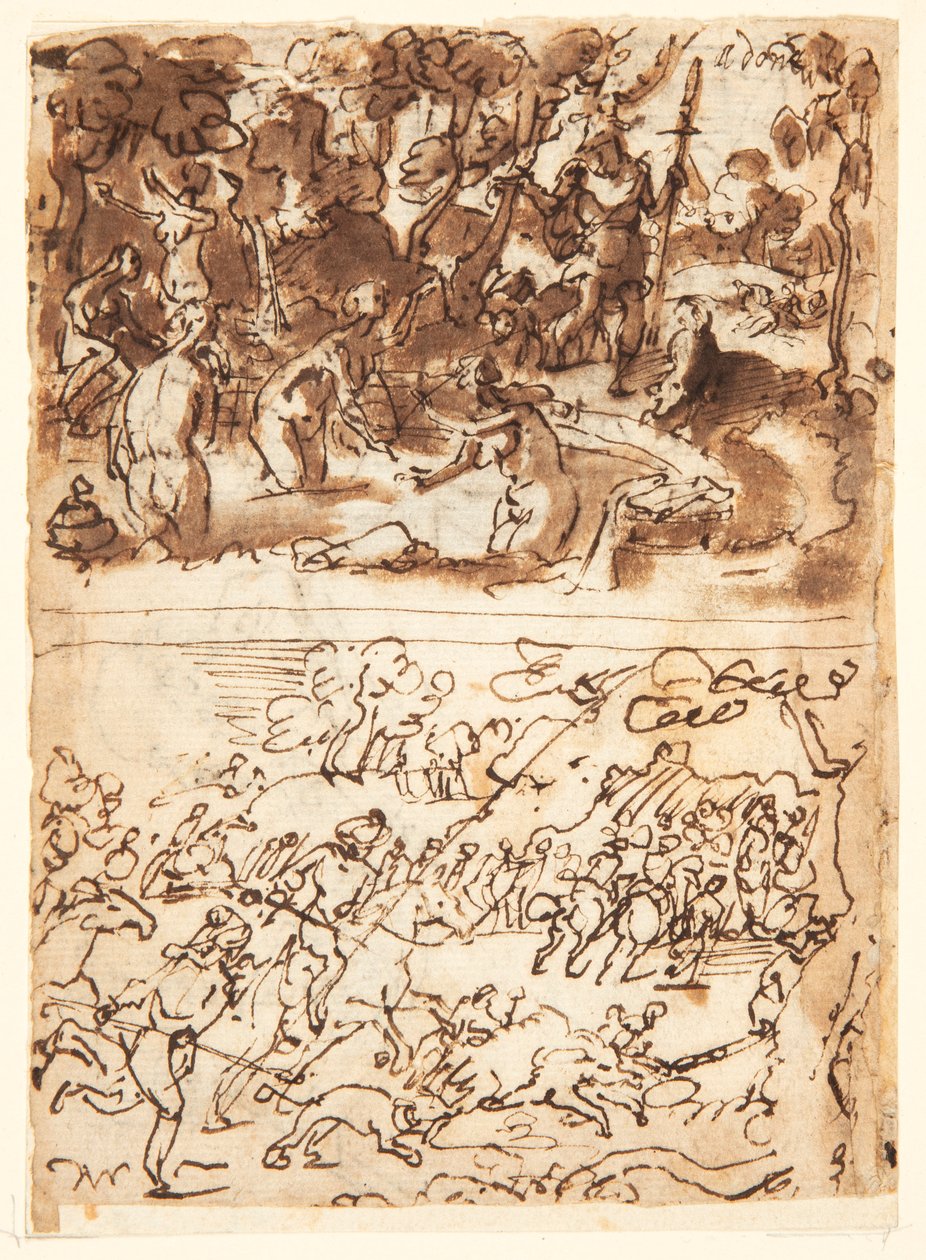 Recto, powyżej: Diana i Akteon; Recto, poniżej: polowanie na dzika; Verso, powyżej: badania dwóch męskich głów; Verso, poniżej: Spotkanie Anny i Joachima przy Złotej Bramie, Obrzezanie Dzieciątka Jezus autorstwa Jan van der Straet, called Stradanus