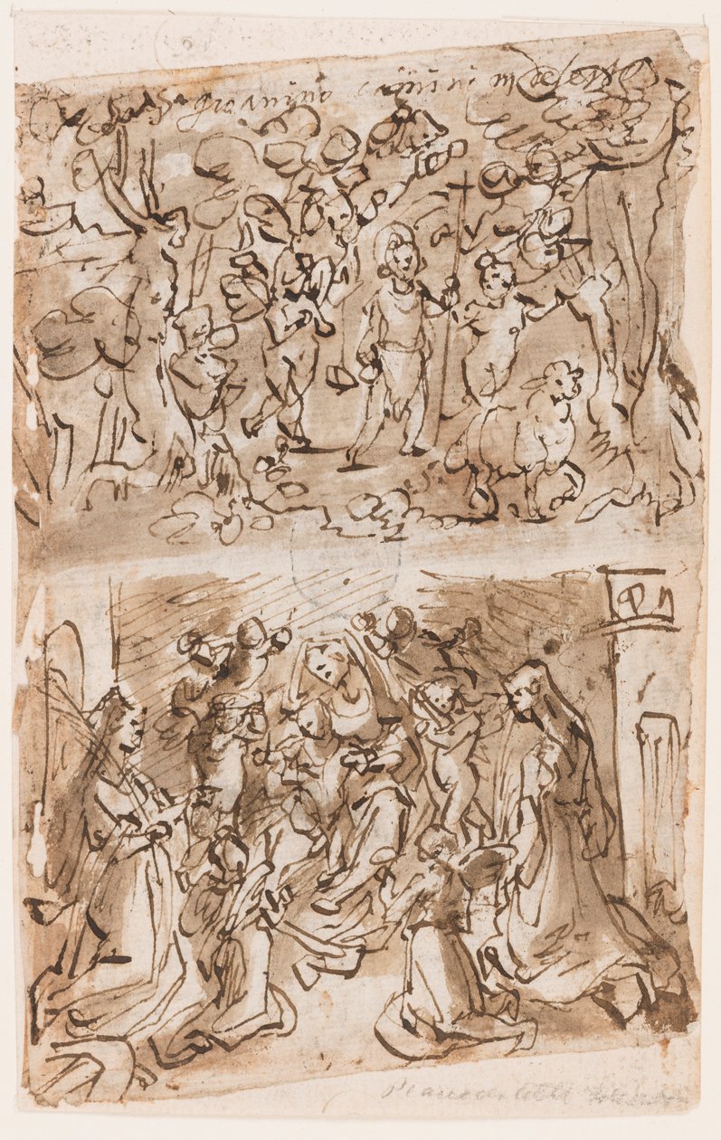 Recto, powyżej: młody św. Jan Chrzciciel prowadzony przez aniołów na pustyni; Recto, poniżej: Sacra Conversazione ze św. Barbara i Katarzyna; Verso, powyżej: Ukrzyżowanie; Verso, poniżej: Chrystus uzdrawiający paralityków w pobliżu sadzawki Bethesda autorstwa Jan van der Straet, called Stradanus
