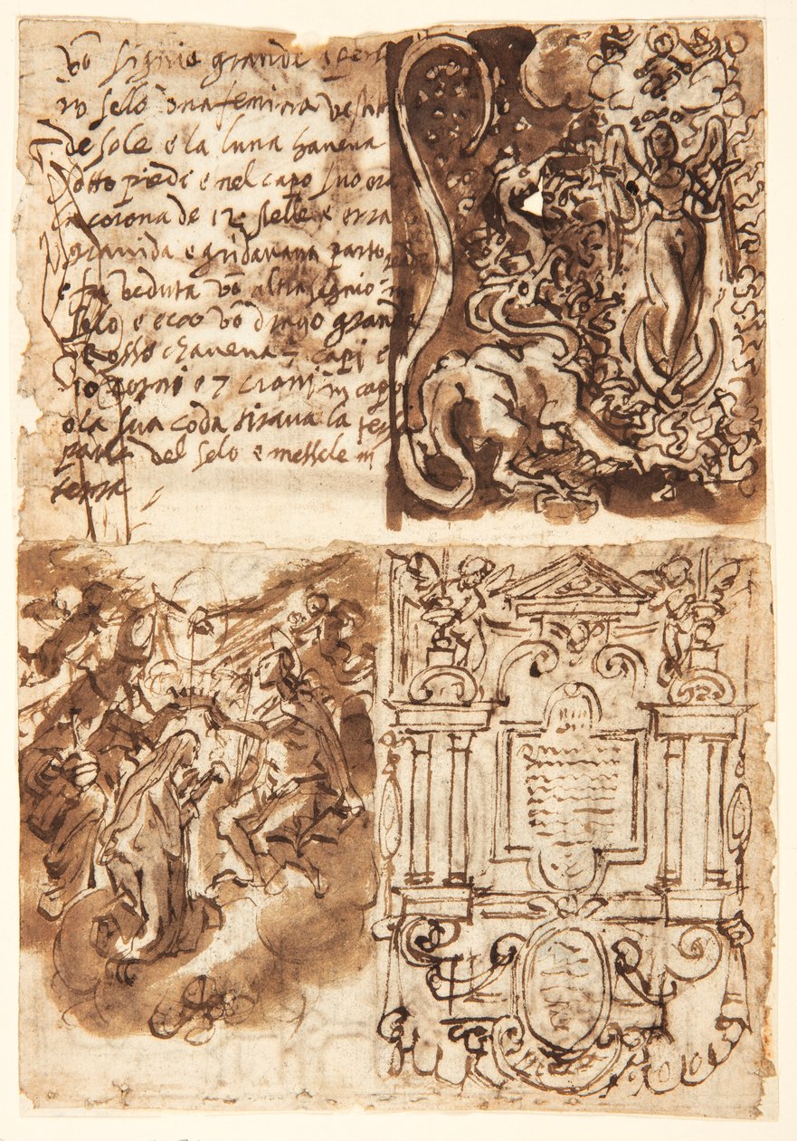 Recto u góry po lewej: fragment dotyczący Niewiasty Apokalipsy z Księgi Objawienia; Recto, u góry po prawej: Kobieta Apokalizy; Recto, poniżej po lewej: Frontyspis do druku serii Żywot Dziewicy; Recto, poniżej po prawej: Koronacja Viri autorstwa Jan van der Straet, called Stradanus