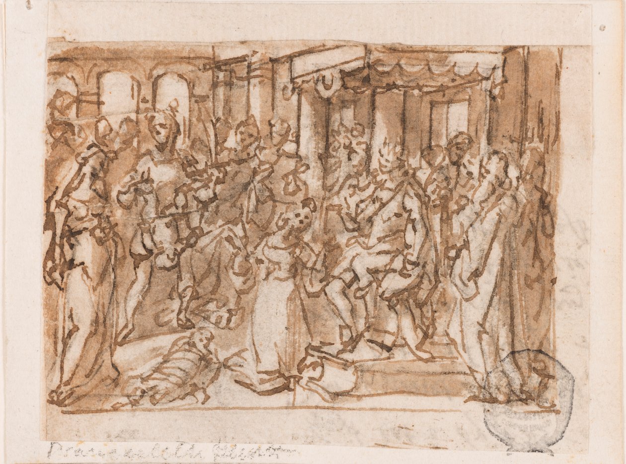 Sąd Salomona, projekt wstępny "Spiritus Sapientiae" (Duch Mądrości), płyta 1 z serii druków "Siedem Darów Ducha Świętego" autorstwa Jan van der Straet, called Stradanus