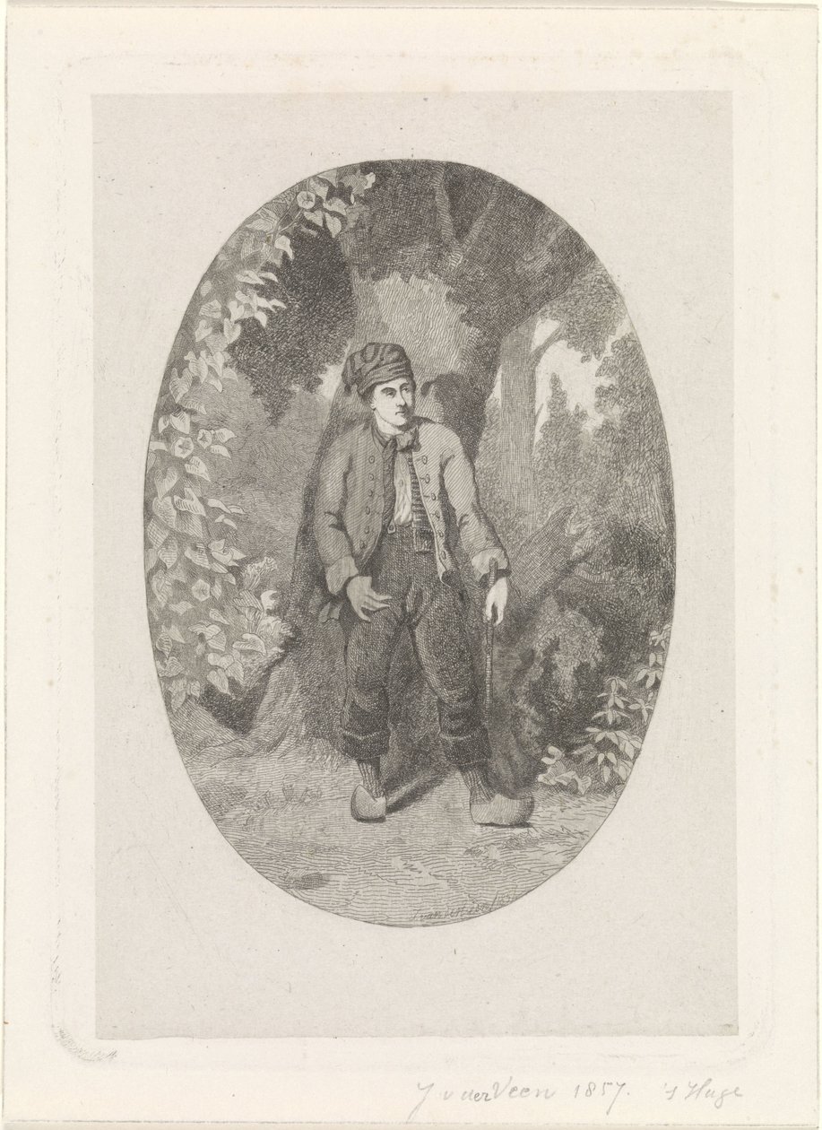 Mężczyzna przy drzewie w lesie autorstwa Jan van der Veen (prentmaker)