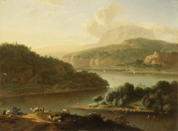 Krajobraz rzeczny z pasterzem i wieśniaczką na pierwszym planie autorstwa Jan van der the Younger Meer