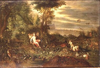 Alegoria wody: nimfa morska przy trzcinowym brzegu z rybami, muszlami i ptakami w pobliżu, triumf amfitrytu w głębi autorstwa Jan van the Elder Kessel