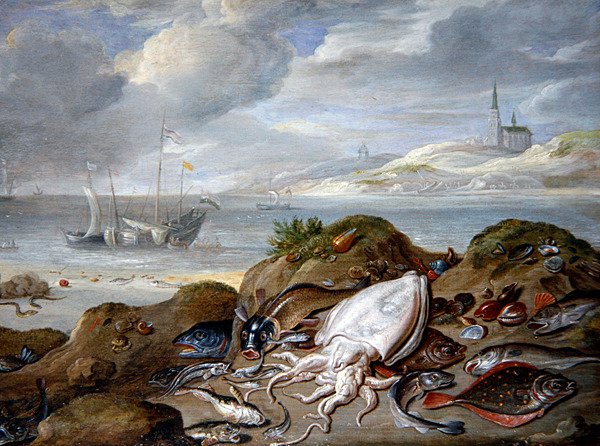 Krajobraz ujściowy z rybami na wydmie (olej na miedzi) autorstwa Jan van the Elder Kessel