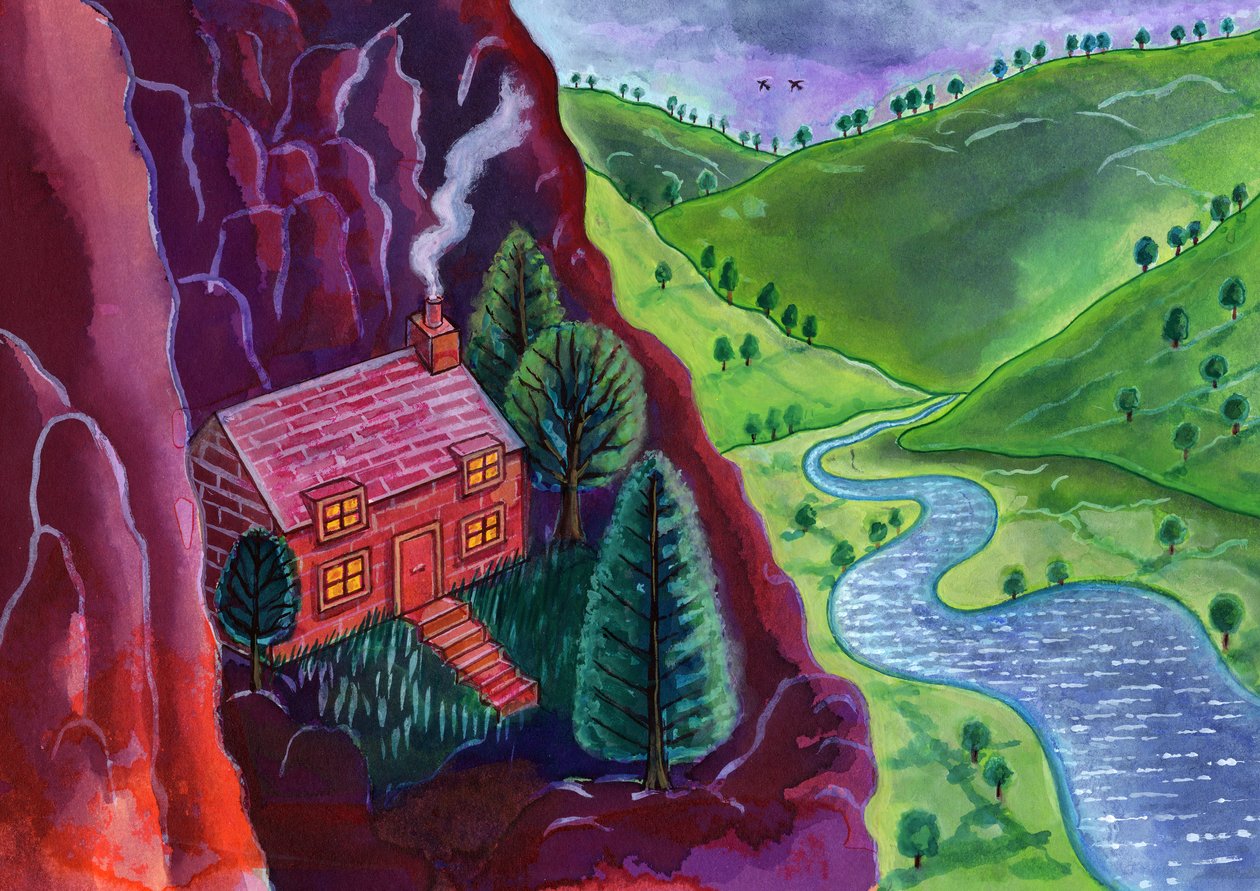 Dom w górach, 2002, (tusz i gwasz) autorstwa Jane Tattersfield