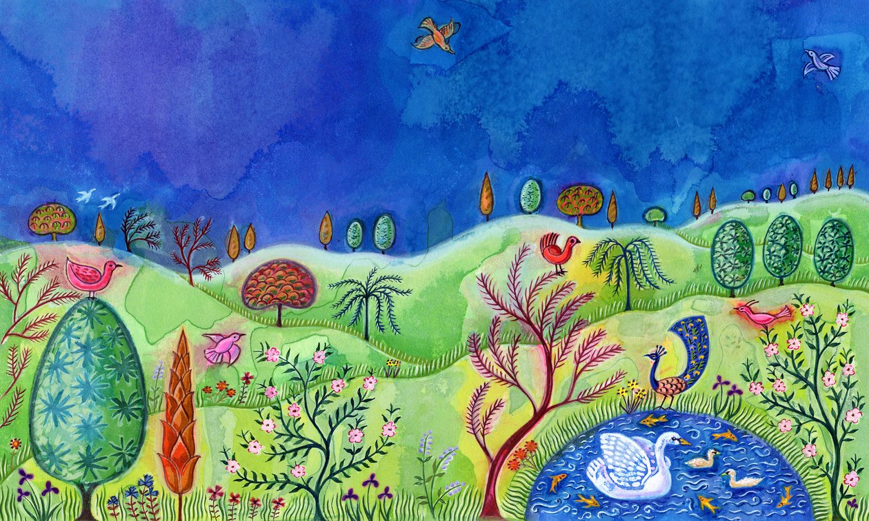 Pejzaż z łabędziem, 2002 (atrament i gwasz) autorstwa Jane Tattersfield