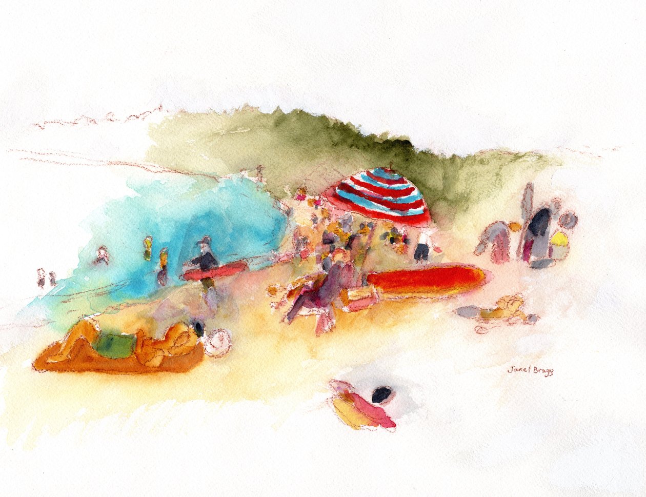 Plażowicze i surferzy w zatoce Hanalei, ok. 2019 (akwarela i ołówek na papierze) autorstwa Janel Bragg