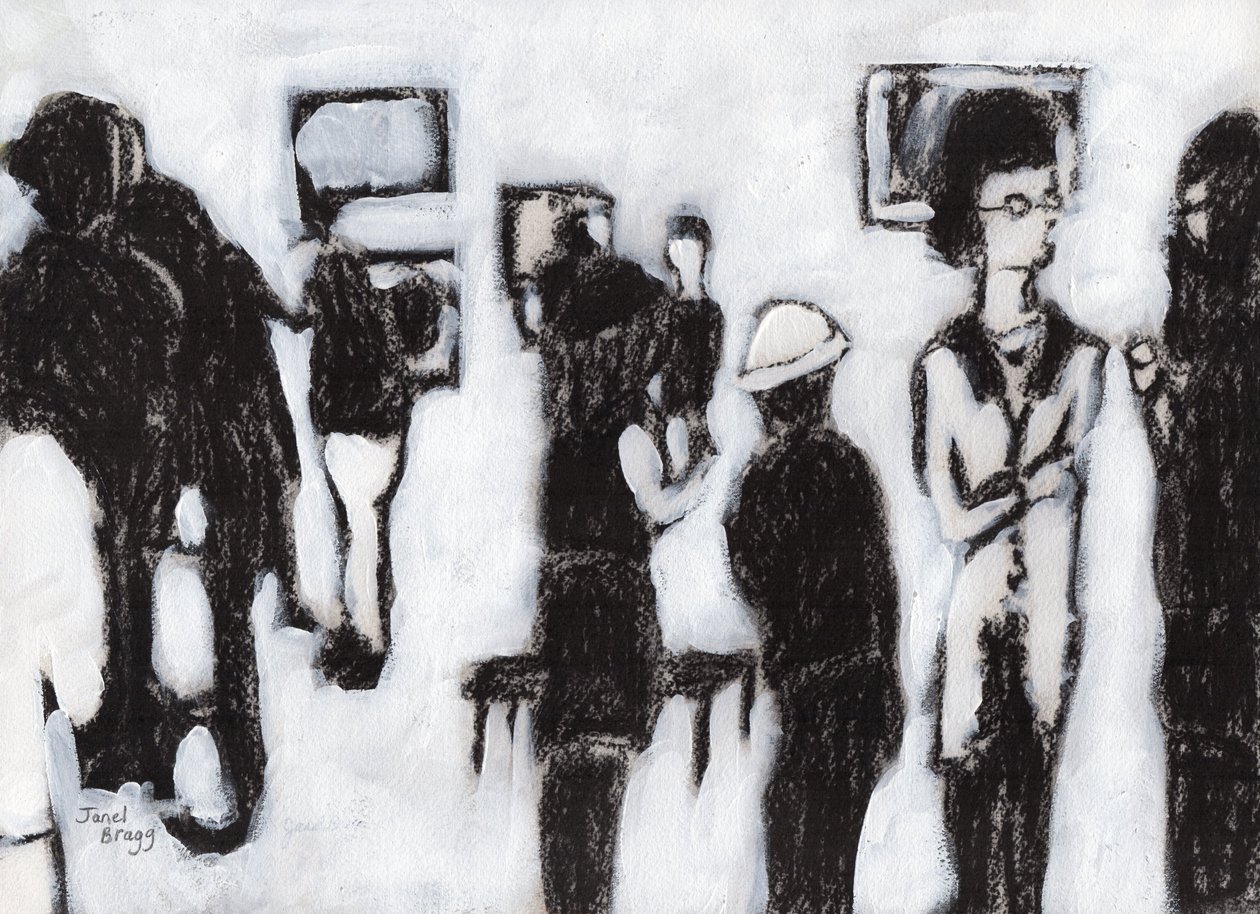 Otwarcie galerii W węglu drzewnym i gesso, ok. 2017 (węgiel drzewny i gesso na papierze) autorstwa Janel Bragg