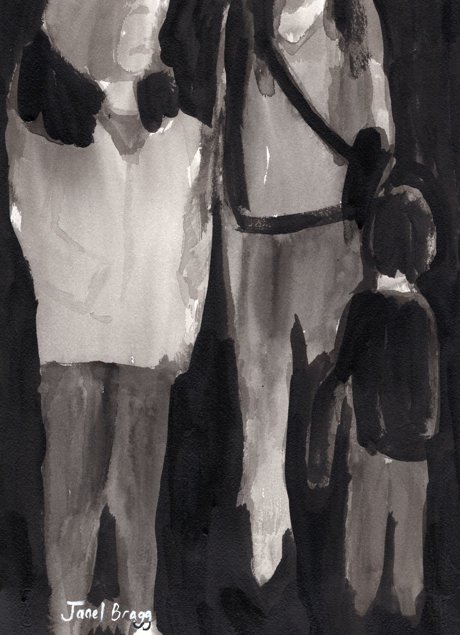 Holiday Shoppers, ok. 2017 (tusz na papierze) autorstwa Janel Bragg